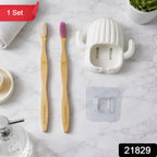 Wall mounted cactus style toothbrush holder with two bamboo toothbrushes