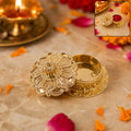 Golden decorative kankavati container for haldi and kumkum storage