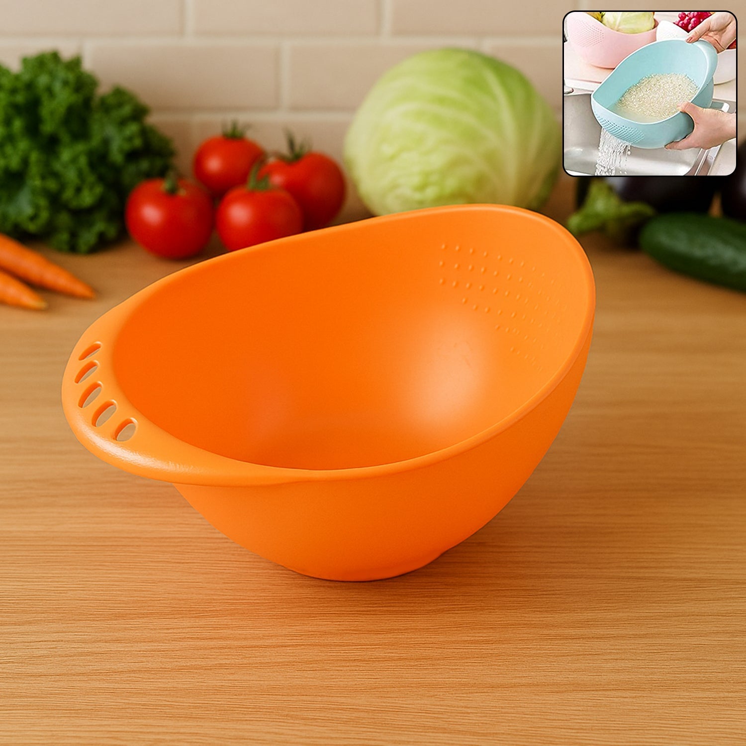 Top view of a versatile plastic rice washing bowl, ready for use.