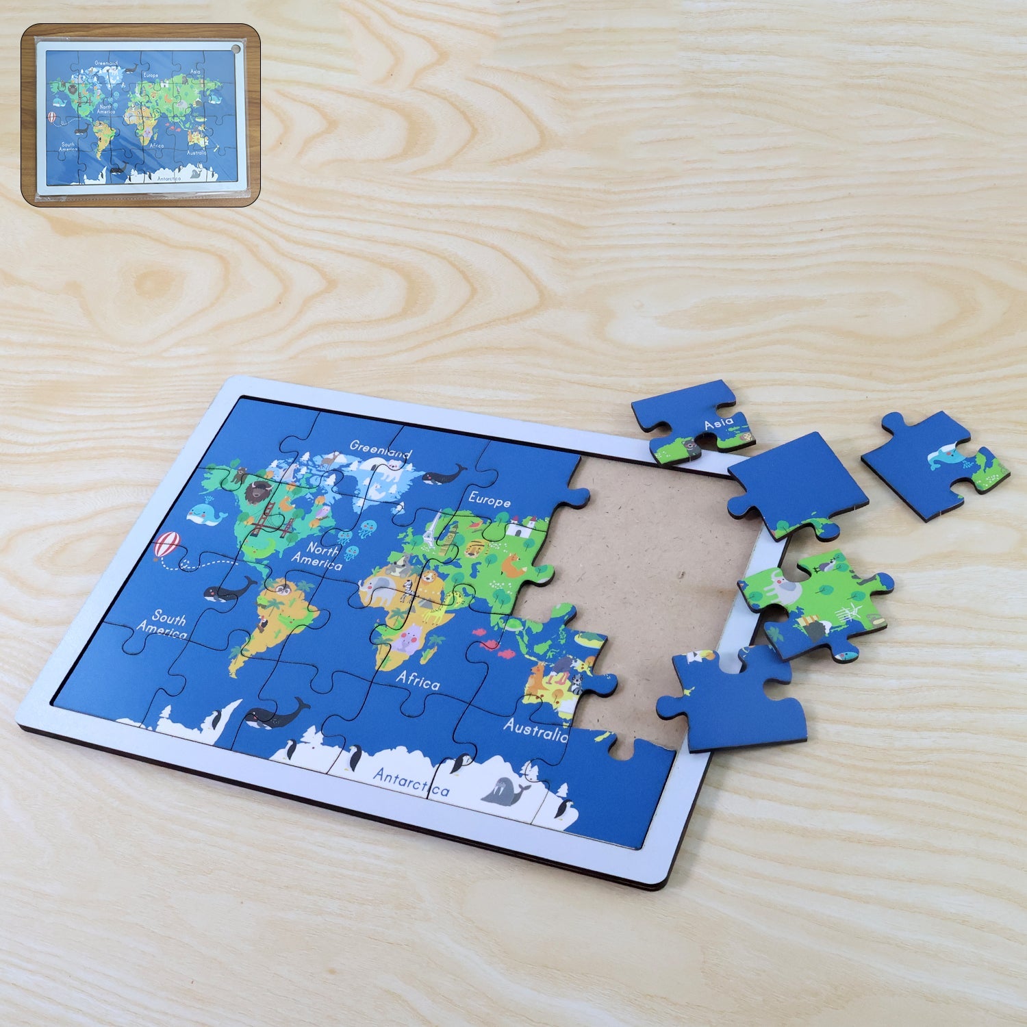 Packaging box for the educational wooden world map puzzle toy.