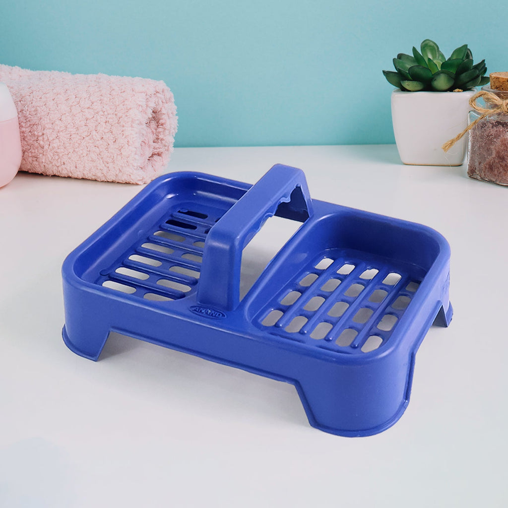 Stylish double soap dish stand with handle for bathroom essentials.