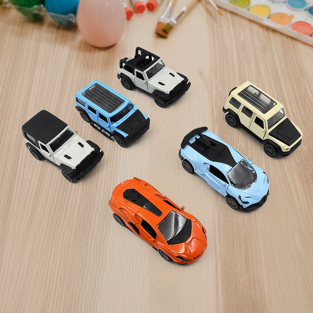 Vibrant pull back car toy in assorted colors on a clean white background.
