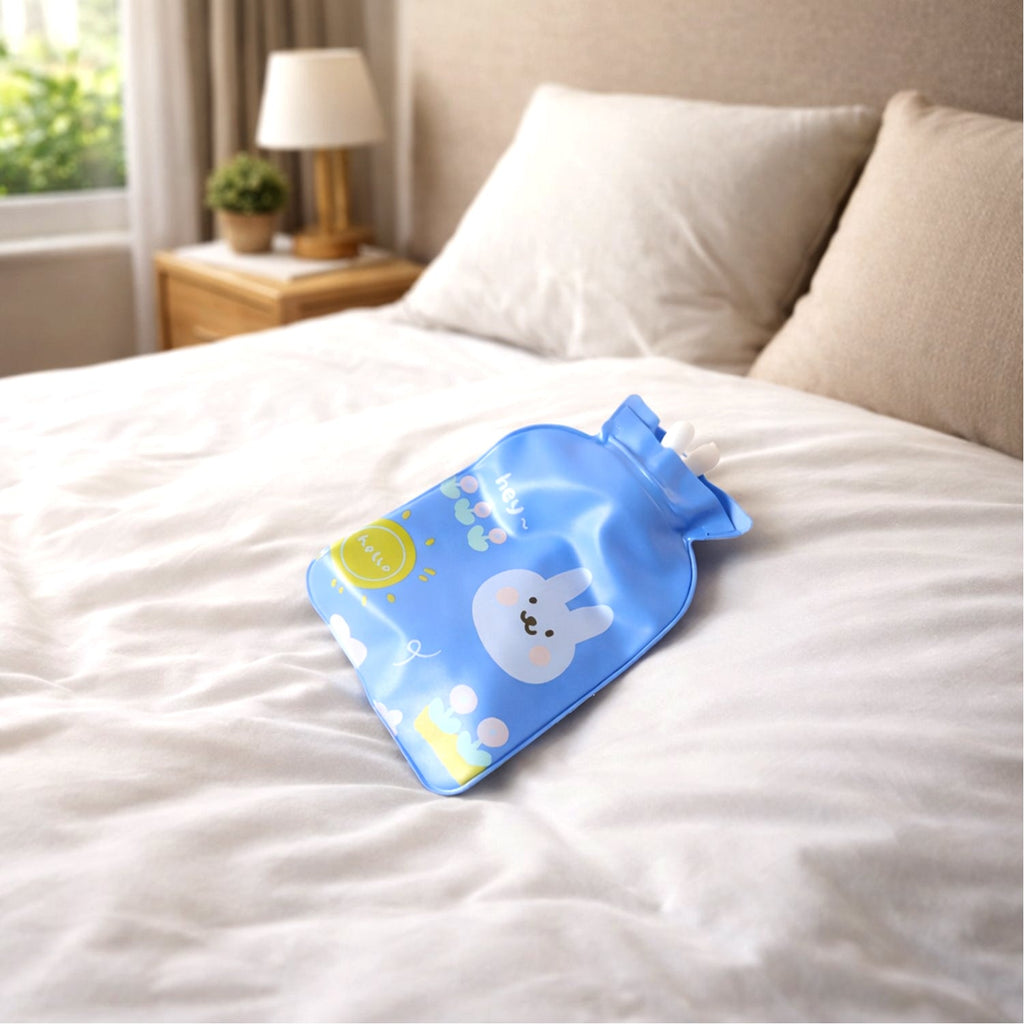 Front view of reusable hot and cold water bag with cartoon design
