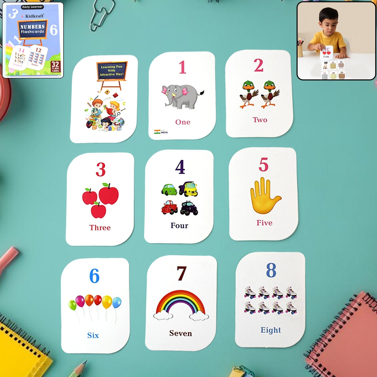 32-piece number flashcard set with colorful illustrations for early learning
