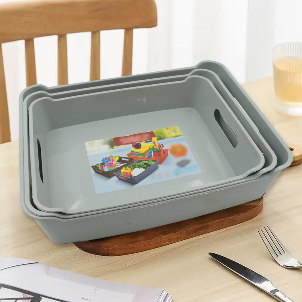 Set of 3 multi-purpose plastic storage trays with ergonomic handles