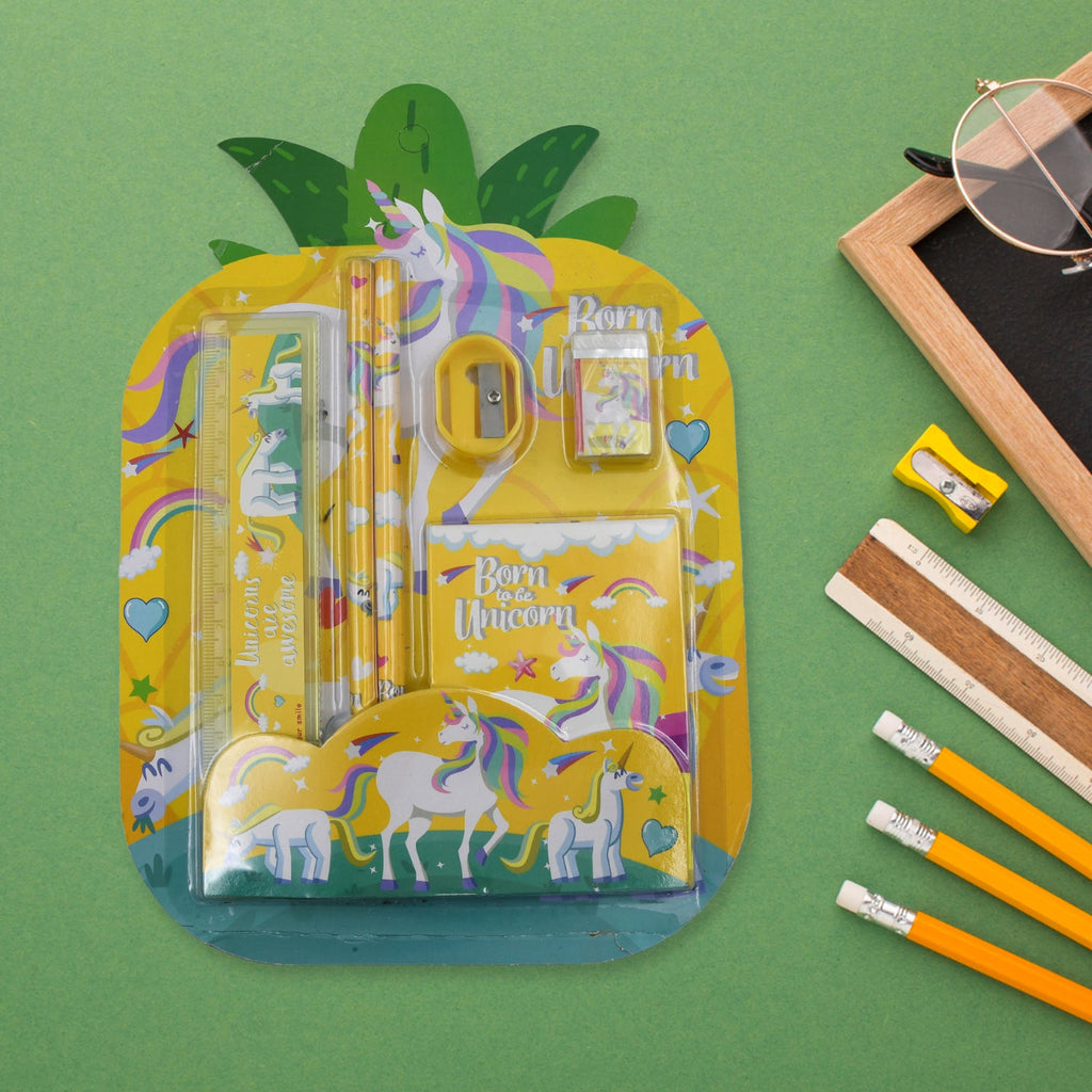 Basic 6-piece stationery kit showcasing ruler, sharpener, and other essentials.