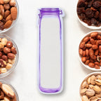 Transparent reusable food storage bag with a bottle shape, filled with colorful snacks.