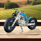 All 140 durable metal components and tools for the Metal Bike Construction Kit laid out.