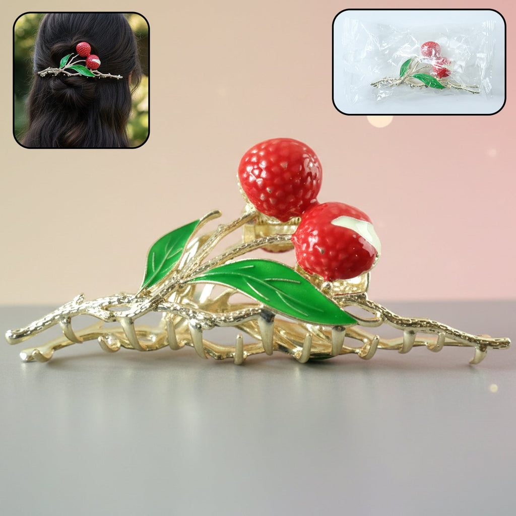 Berry fruit hair claw clip showcasing elegant leaf design on metal frame