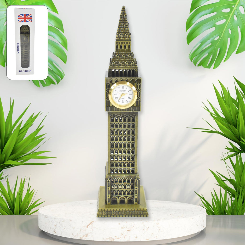 Side angle of Big Ben metal statue adding classic charm to a home setting