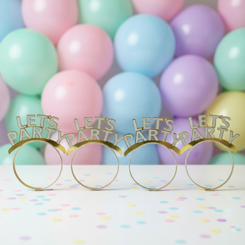 Glitter party headband with bold LET'S PARTY crown design for birthday celebrations