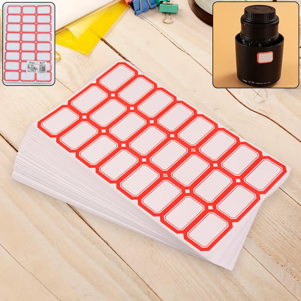 Writable label stickers with red border on bottles and containers