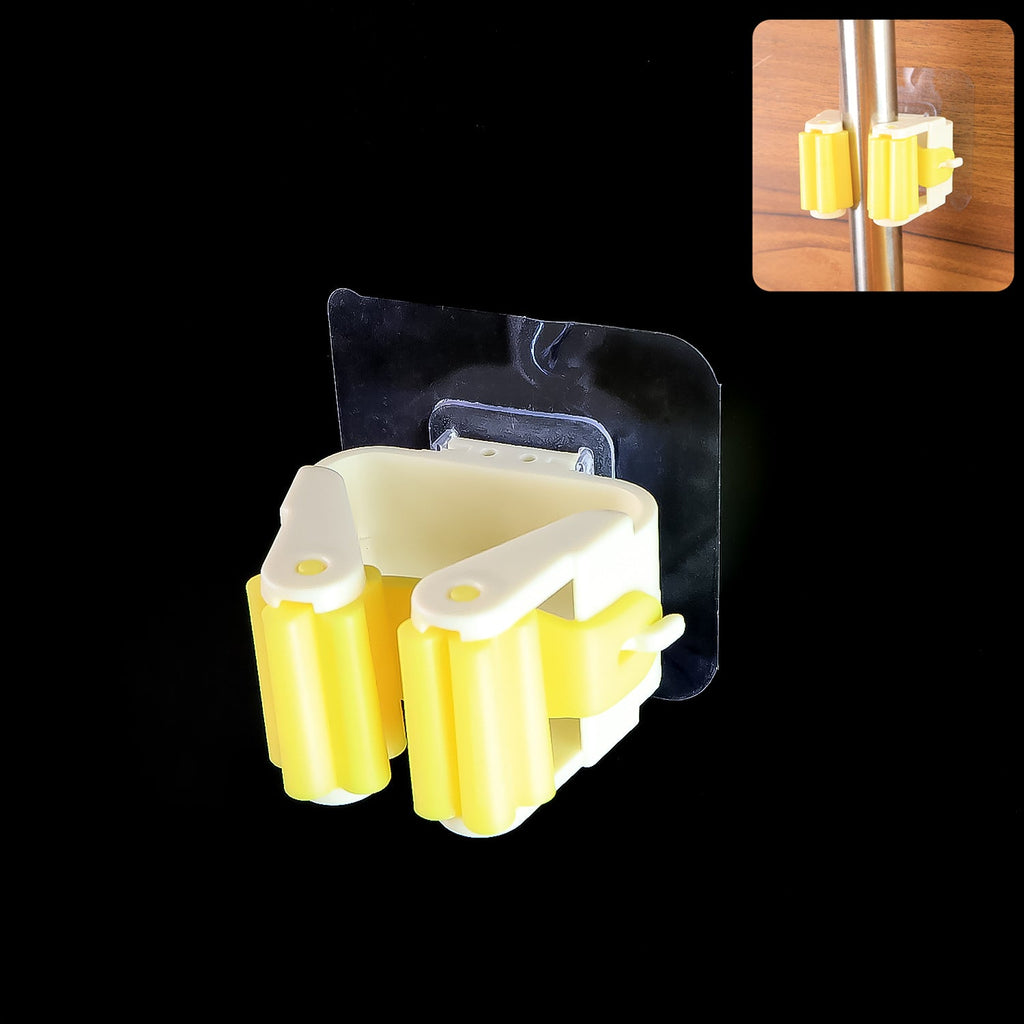 Self-adhesive mop holder displayed with dimensions, highlighting its compact size.
