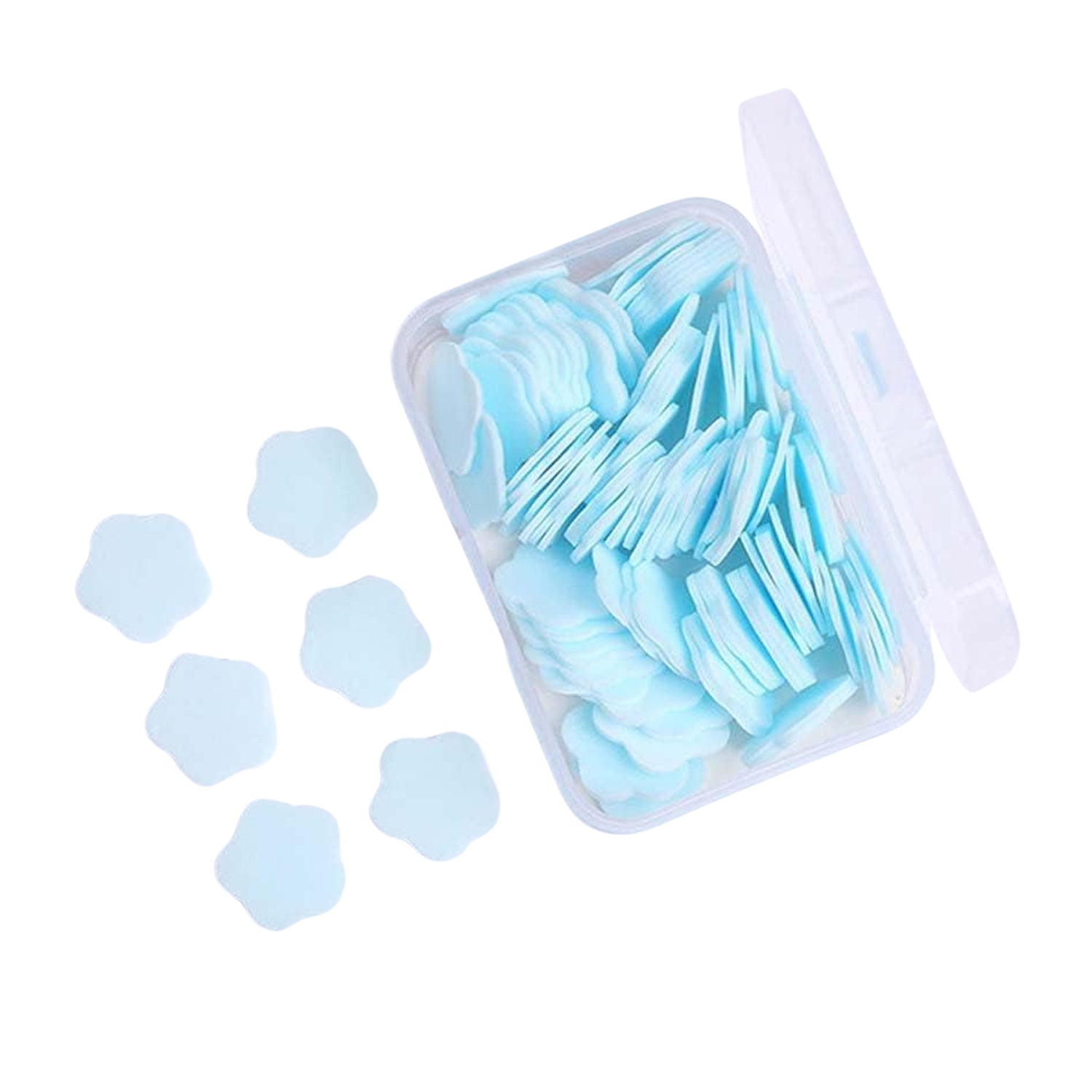 Open pack revealing 100 mixed-color flower-shaped portable soap sheets.