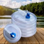 Hand holding the lightweight 5L collapsible water container, demonstrating its portability.