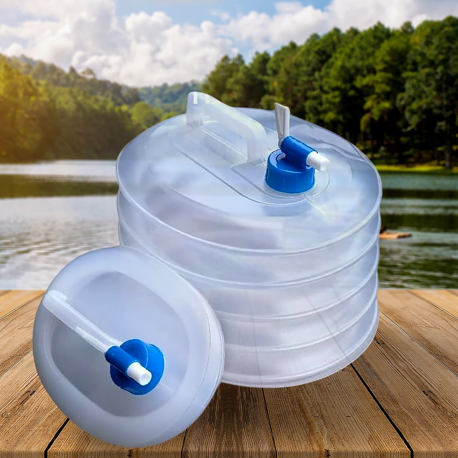 Hand holding the lightweight 5L collapsible water container, demonstrating its portability.