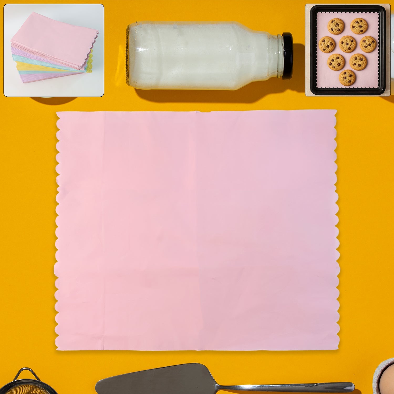 200-piece multi-color oil-absorbing baking paper sheets with scalloped edges on tray
