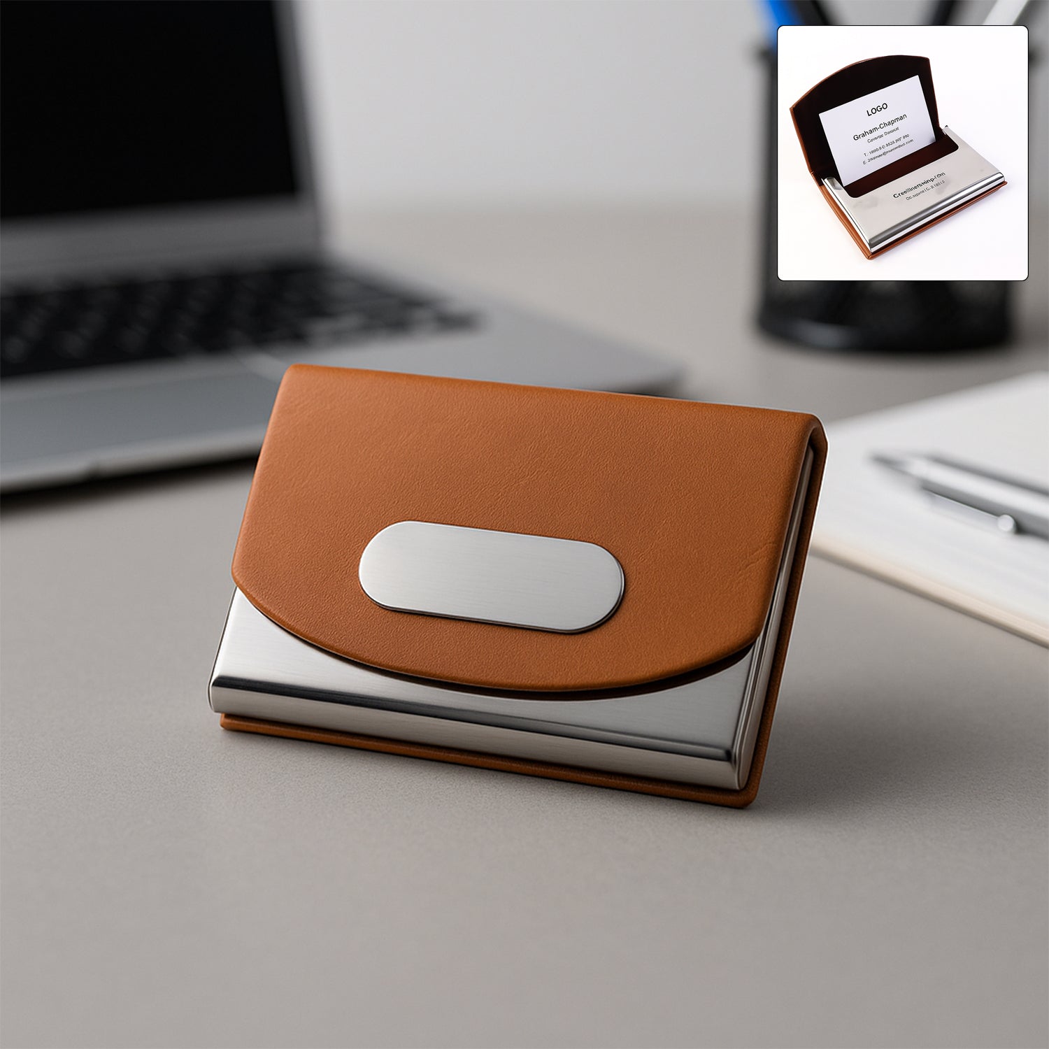Premium leather business card holder with stainless steel base and brown PU leather