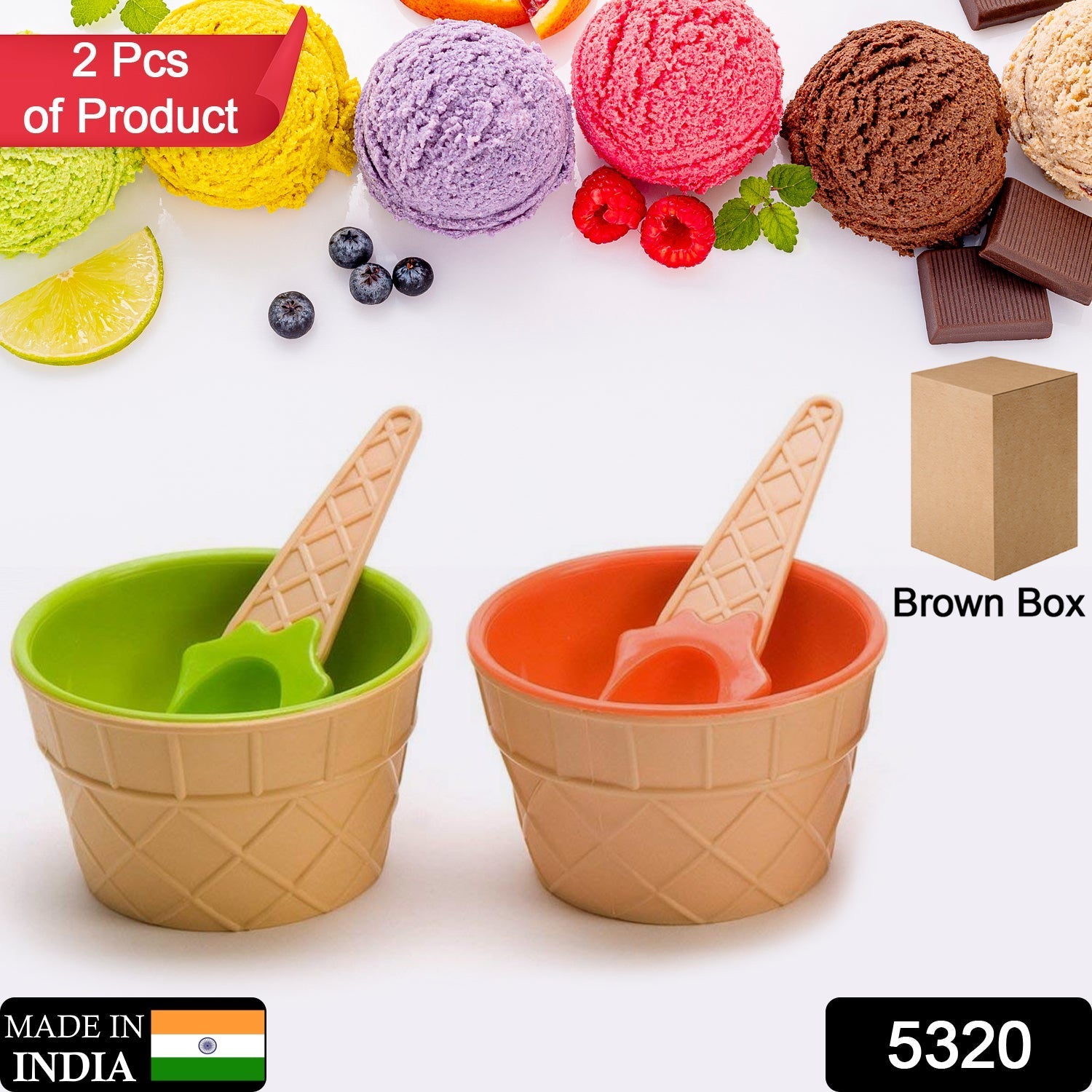 Close-up of the durable ice cream bowls set with two spoons.