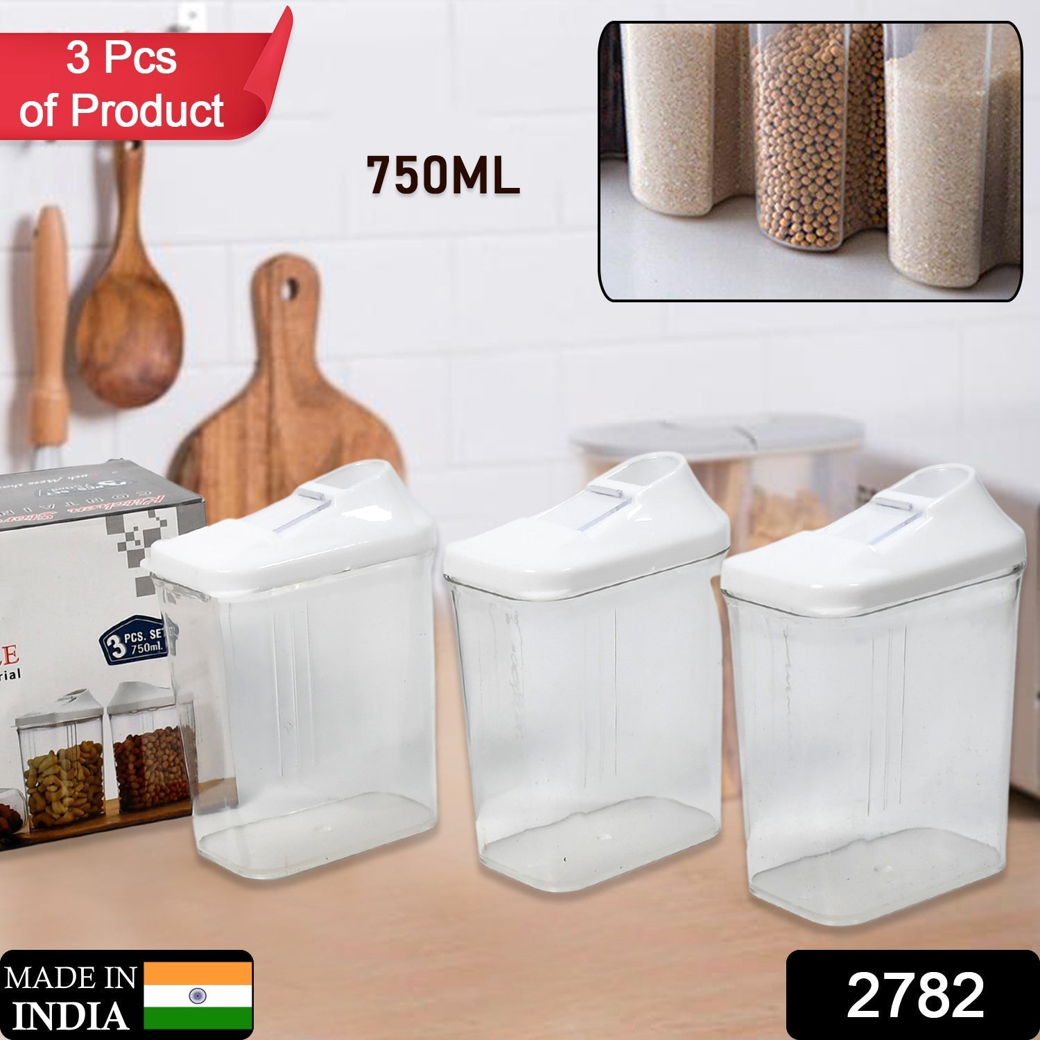 CookAura transparent 3-piece kitchen storage jars set with white lids.