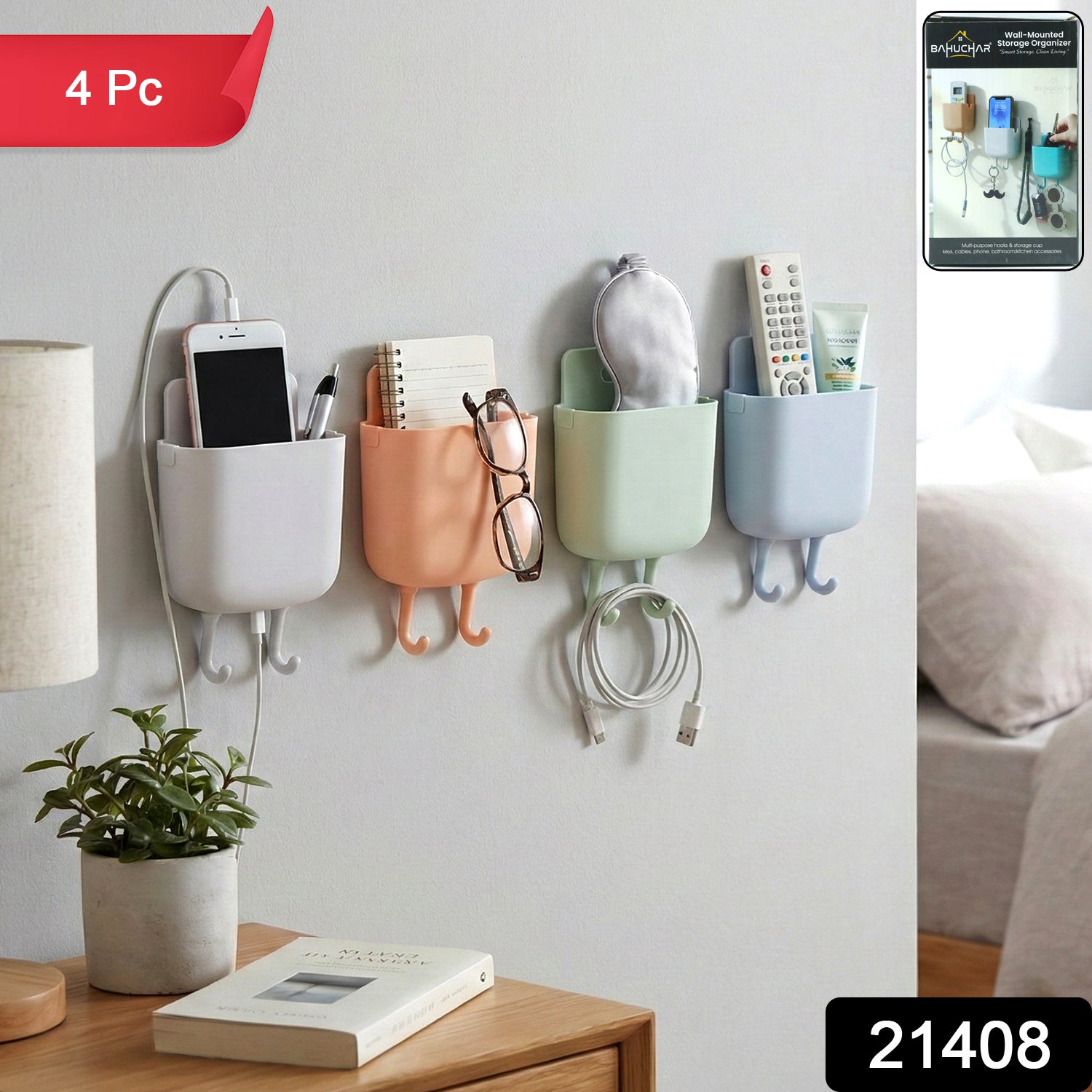 Wall mount phone charging stand with pocket and dual hooks for cables