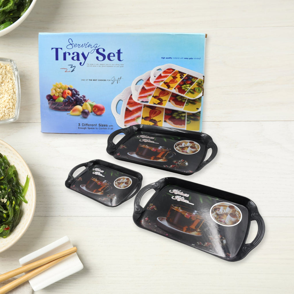 Multicolor serving tray set with small, medium, and large rectangular trays ideal for serving food or decoration.