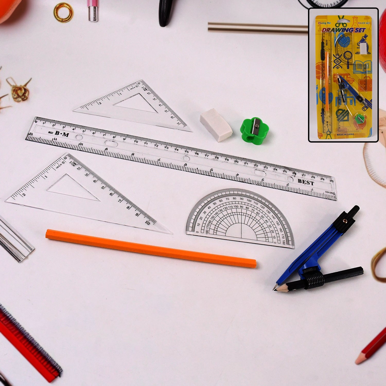 9-in-1 stationery set with rulers, protractor, and compass arranged on a desk for school and office use.