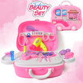 Kids' pretend play makeup kit in a portable pink wheel suitcase.