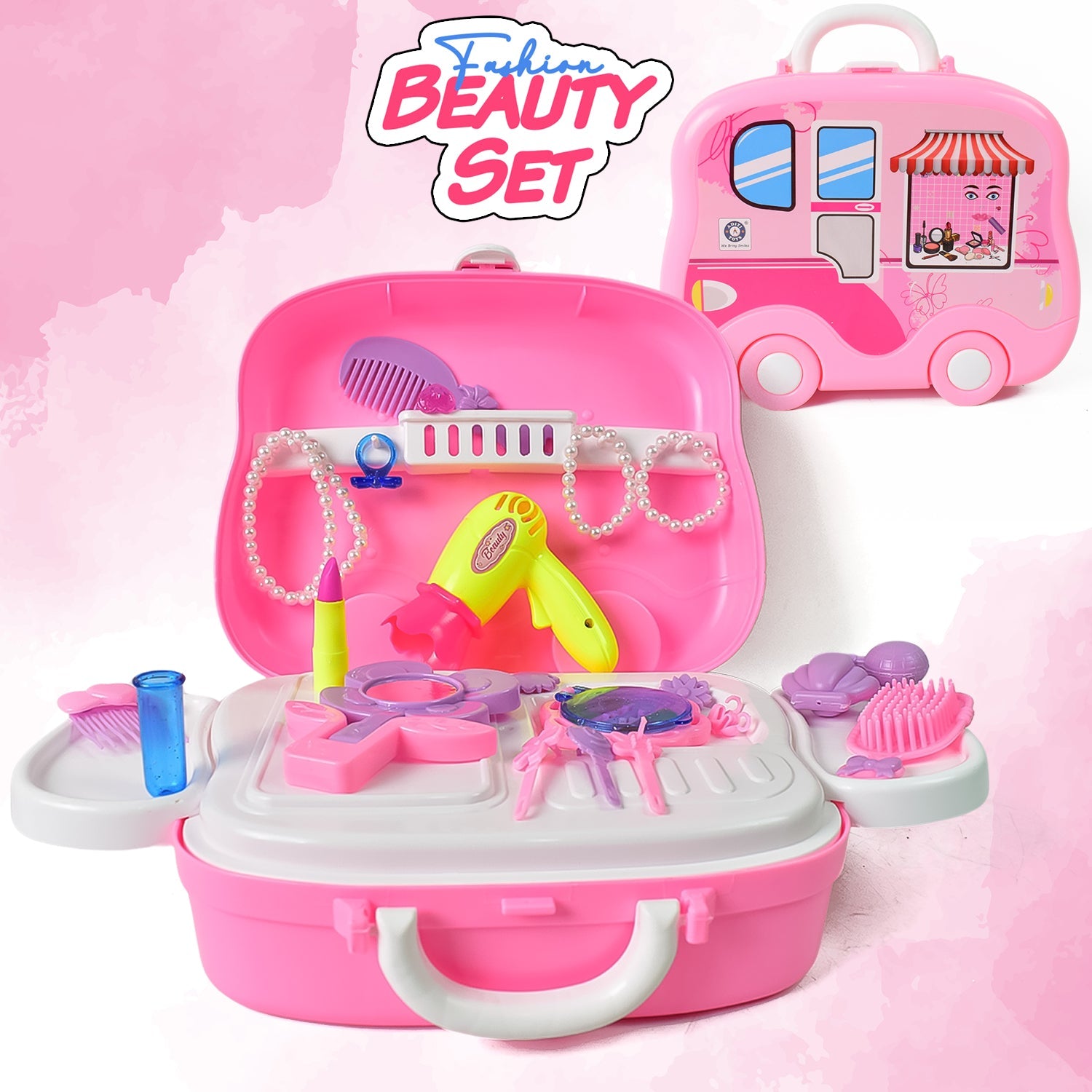 Kids' pretend play makeup kit in a portable pink wheel suitcase.