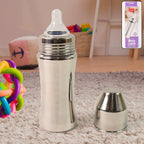 Stainless steel baby feeding bottle with anti-colic silicone nipple, 250ml capacity