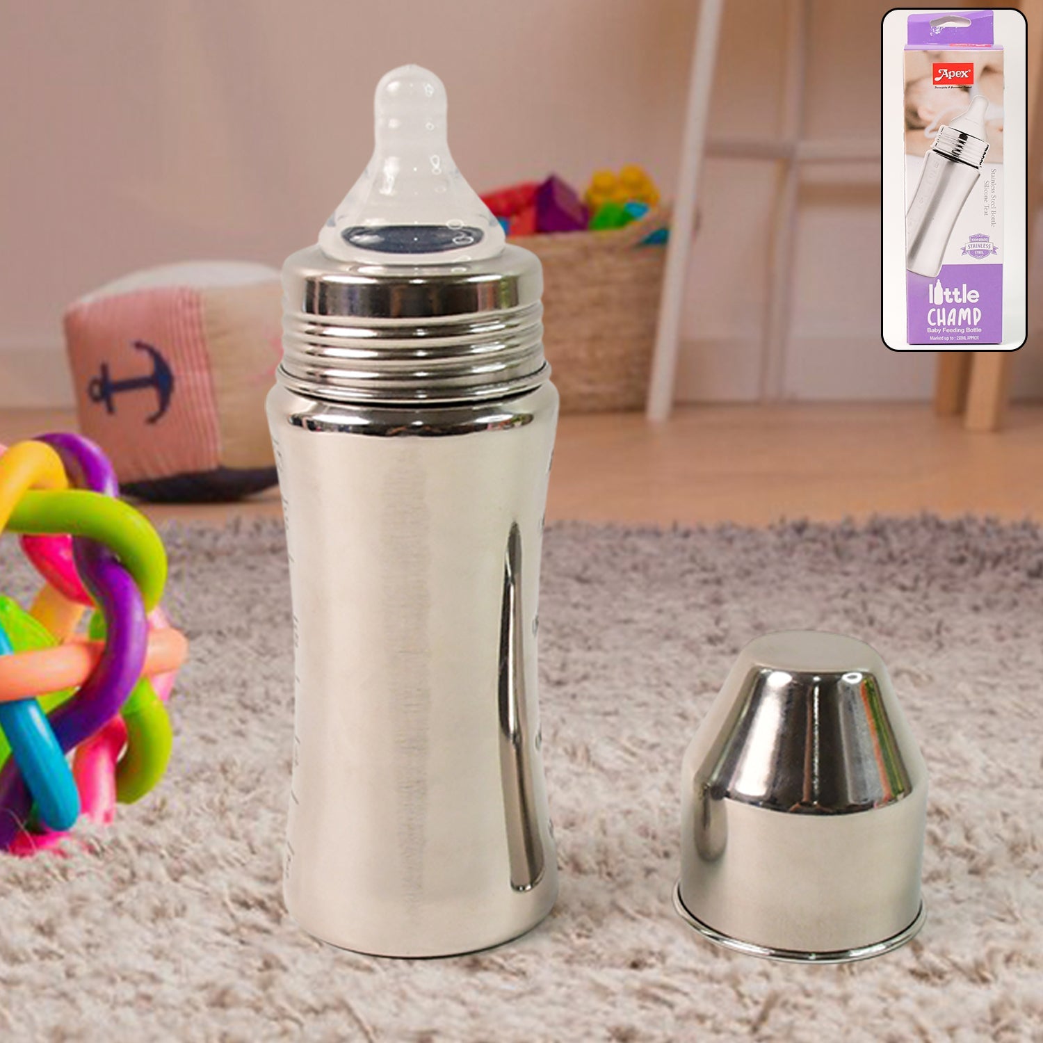 Stainless steel baby feeding bottle with anti-colic silicone nipple, 250ml capacity
