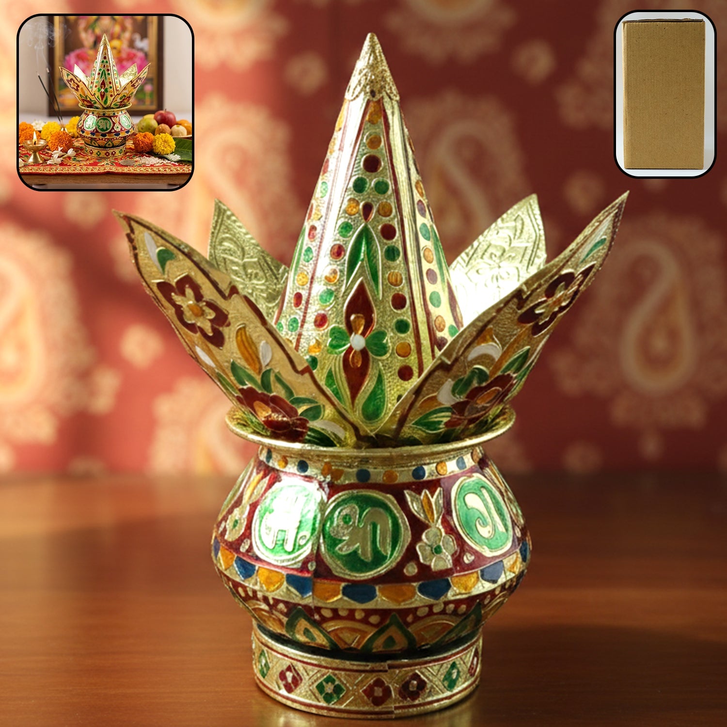 Traditional decorative pooja kalash with ornate lotus crown design