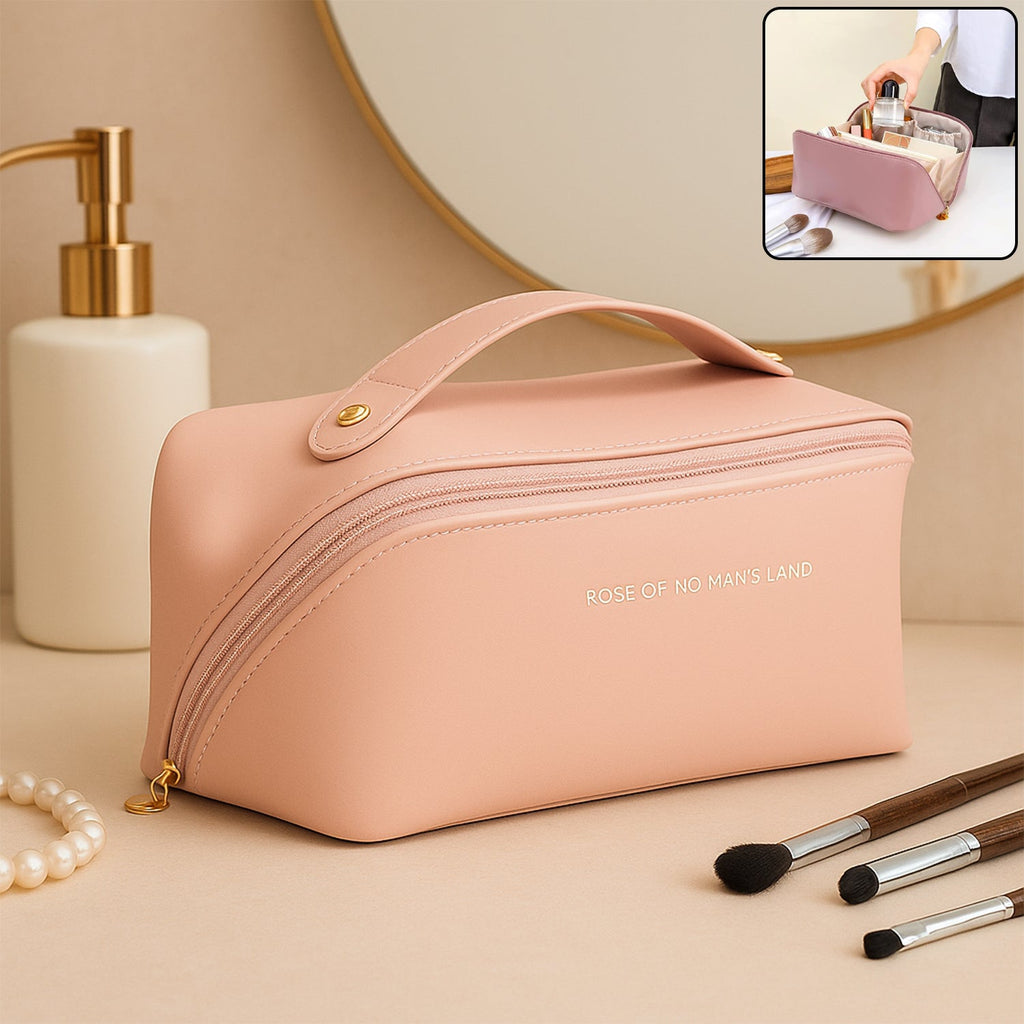 Waterproof peach travel makeup organizer pouch with zipper and handle