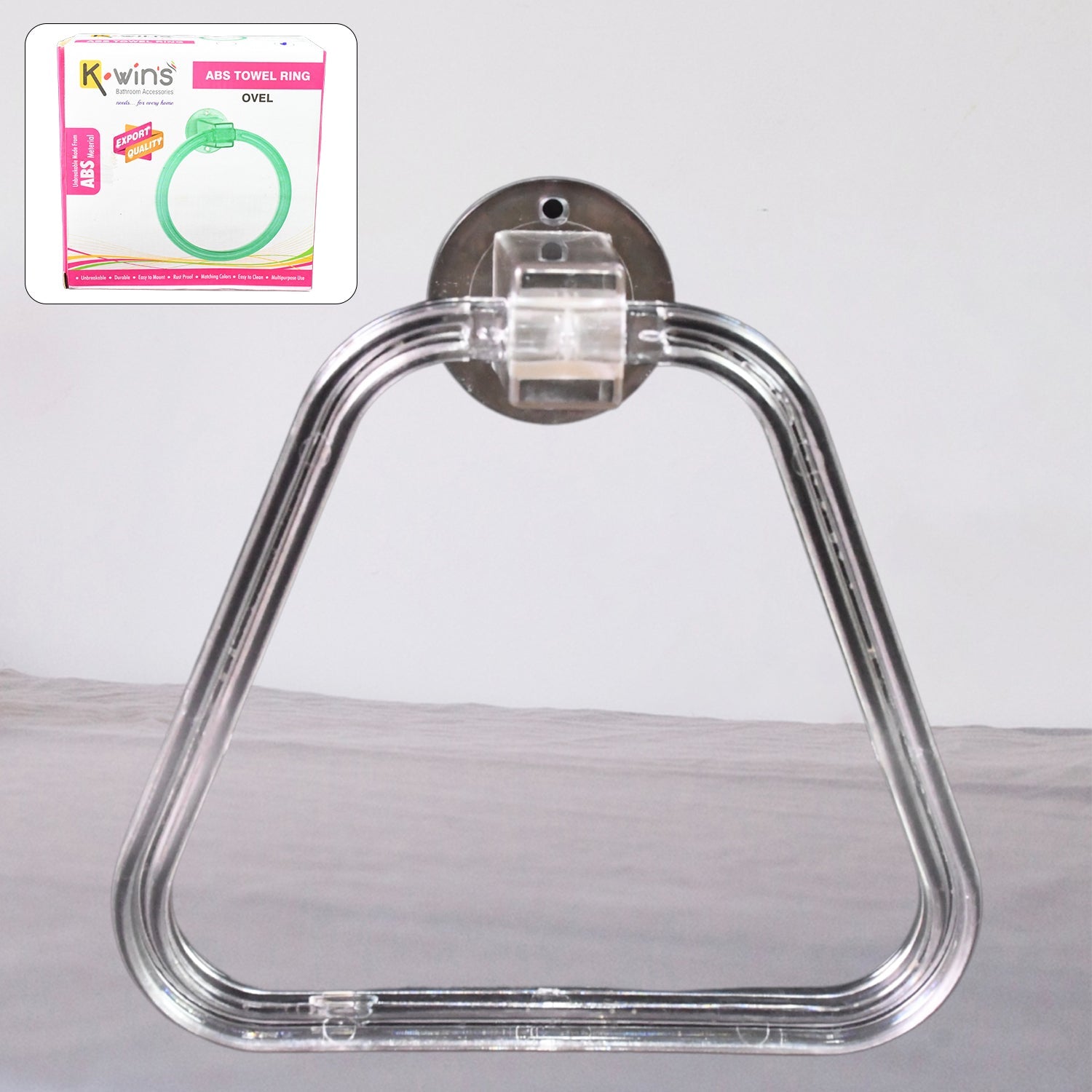Clear ABS square towel ring holder from BathNova, ready for wall mounting.