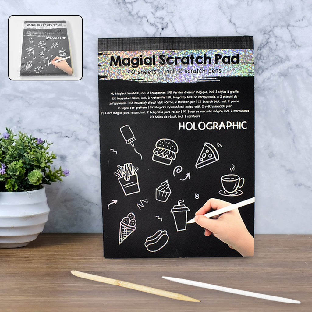 Scratch Art Book cover featuring wooden stylus and vibrant colours