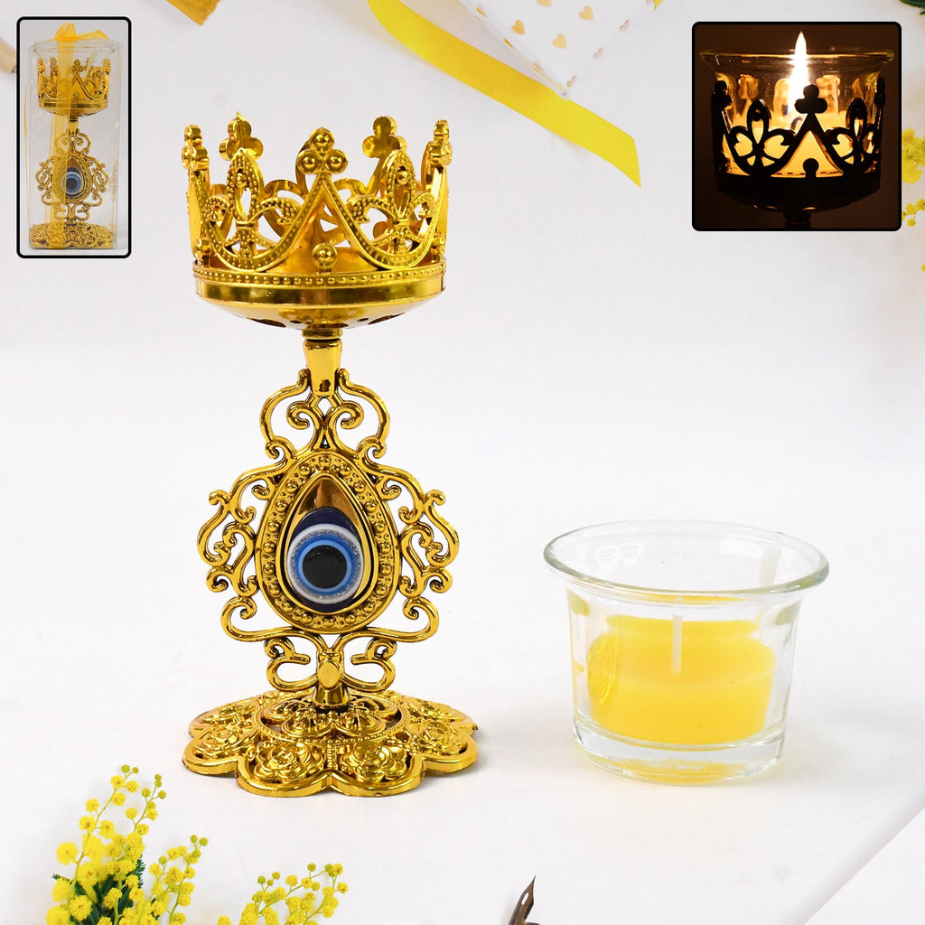 Golden flower Diwali candle holder glass tea light with plastic stand