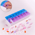 Weekly Pill Organizer showing 14 labeled compartments for AM and PM medicines