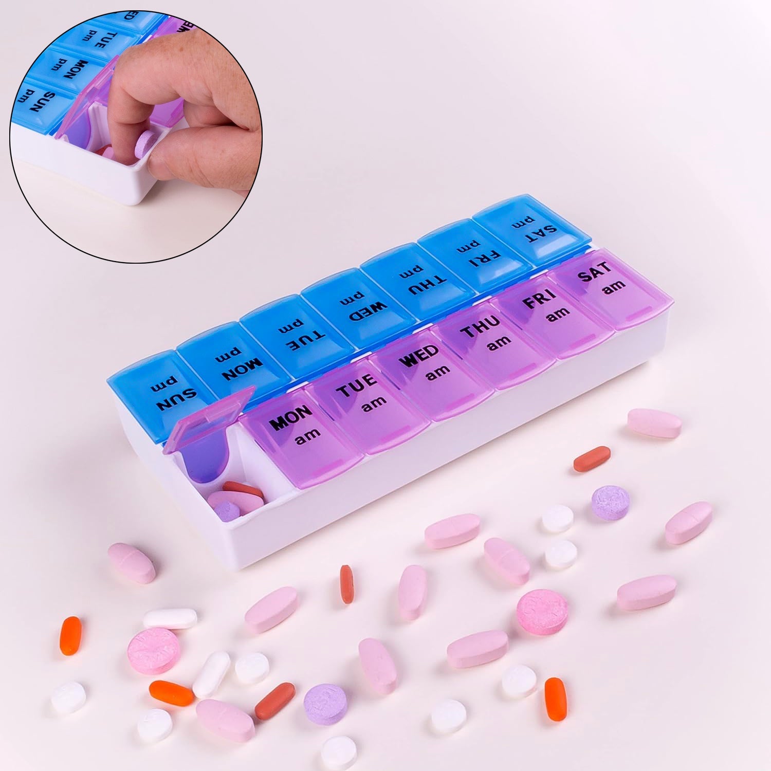 Weekly Pill Organizer showing 14 labeled compartments for AM and PM medicines