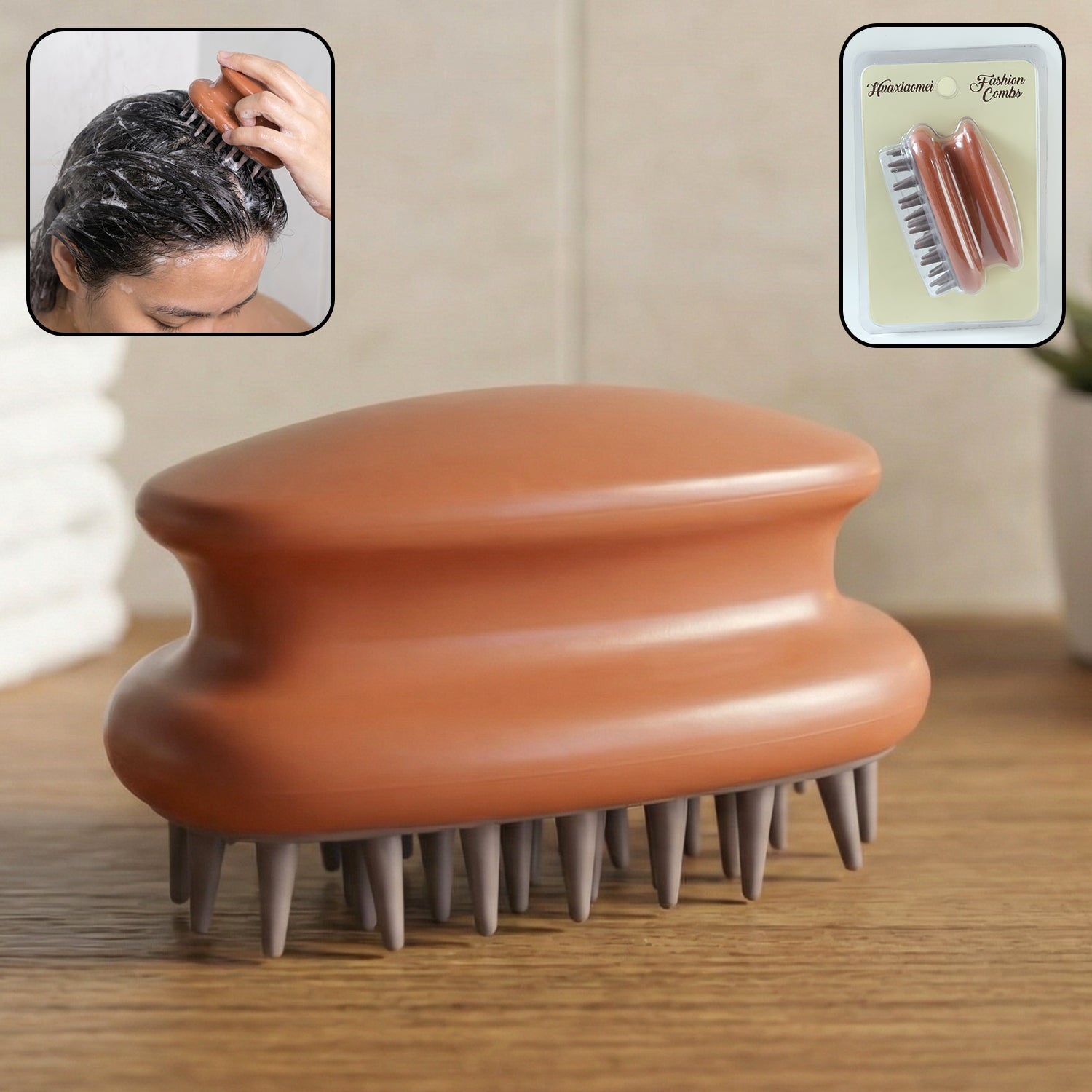 Manual scalp massage shampoo brush with soft flexible bristles for gentle hair care