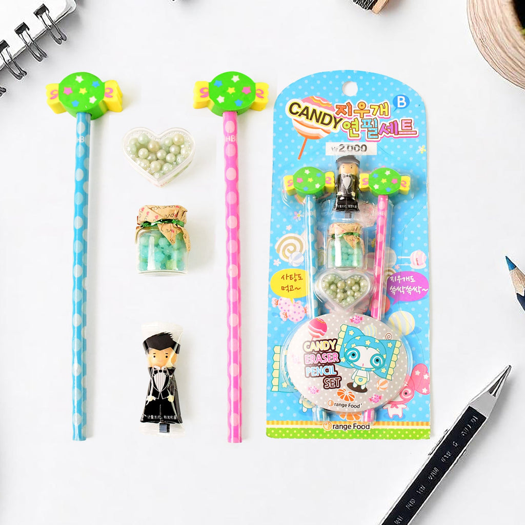 Candy-themed pencil set with soft foam toppers and accessories for kids