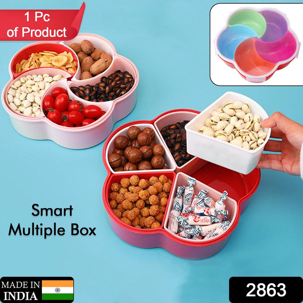 Overhead view of a multi-purpose food storage box with five removable sections.