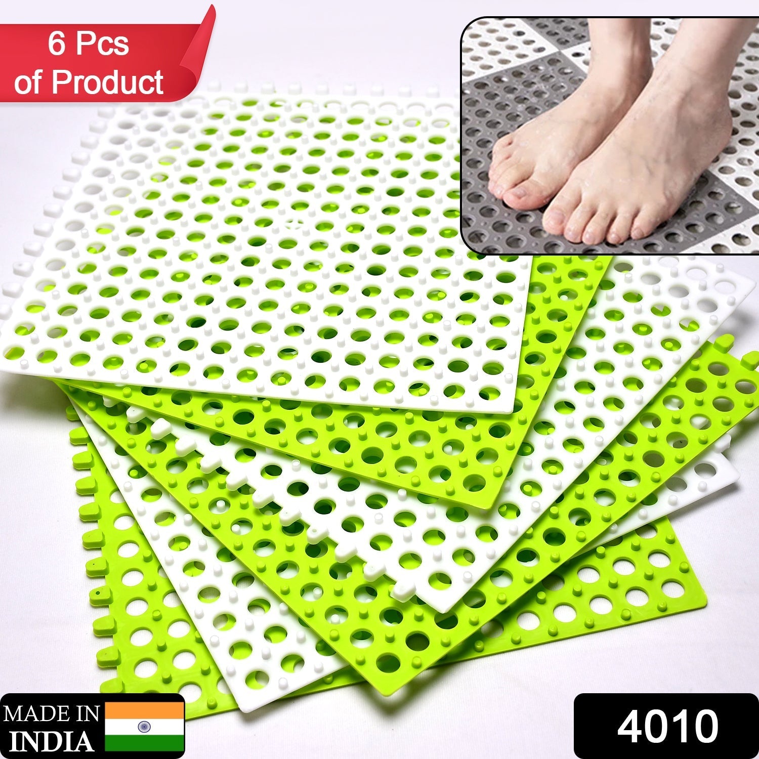 Non slip plastic bath mat designed for toilet and bathing safety.