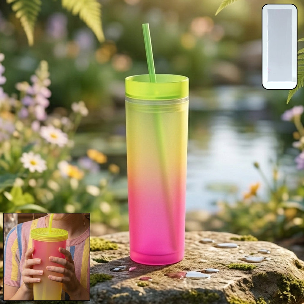 Gradient plastic tumbler with lid and straw for cold drinks