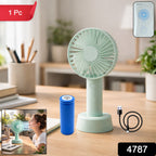 Side profile of the compact portable fan, showcasing its slim design for easy carrying.