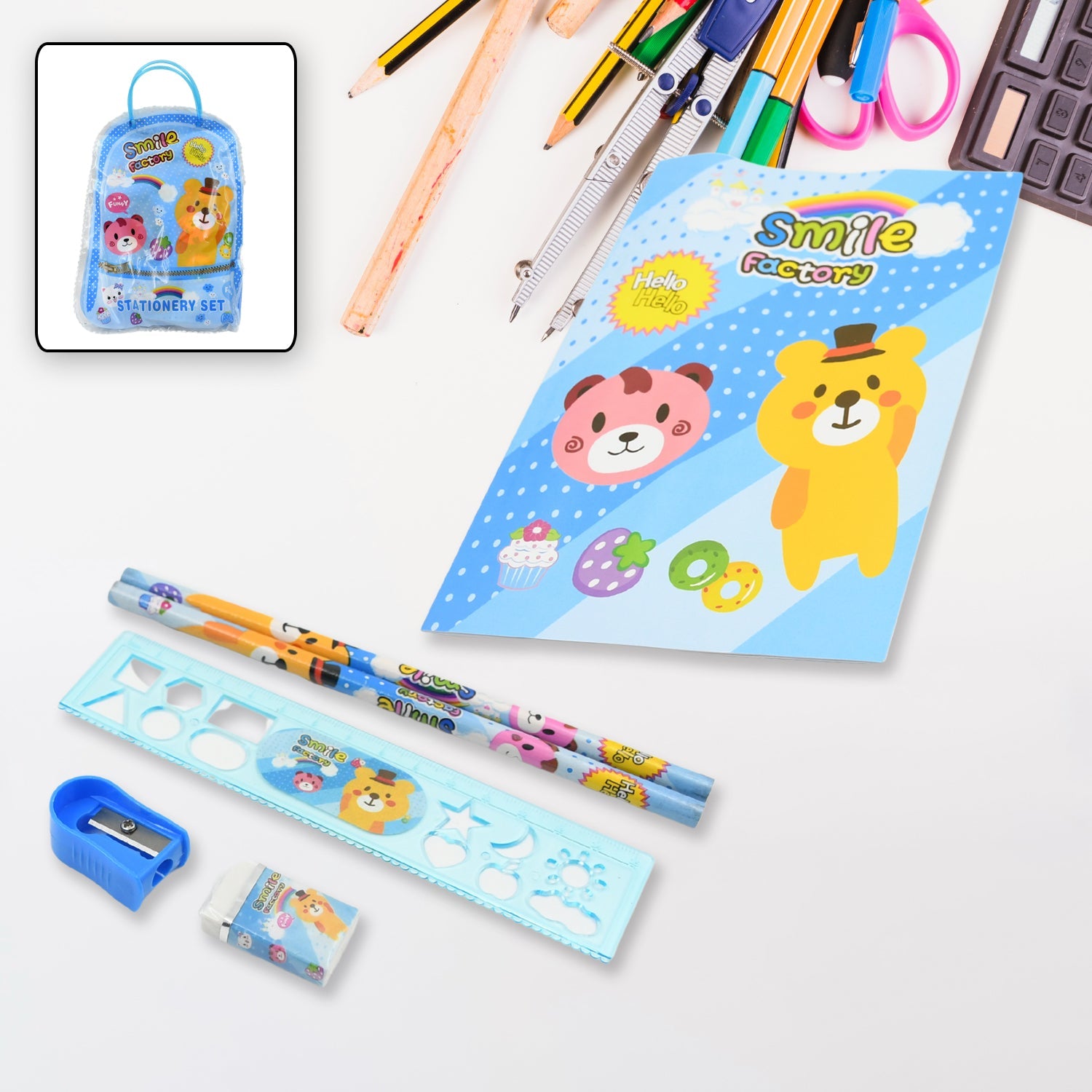 Contents of the cartoon stationery set, including wooden pencils, eraser, sharpener, scale, and notebook.