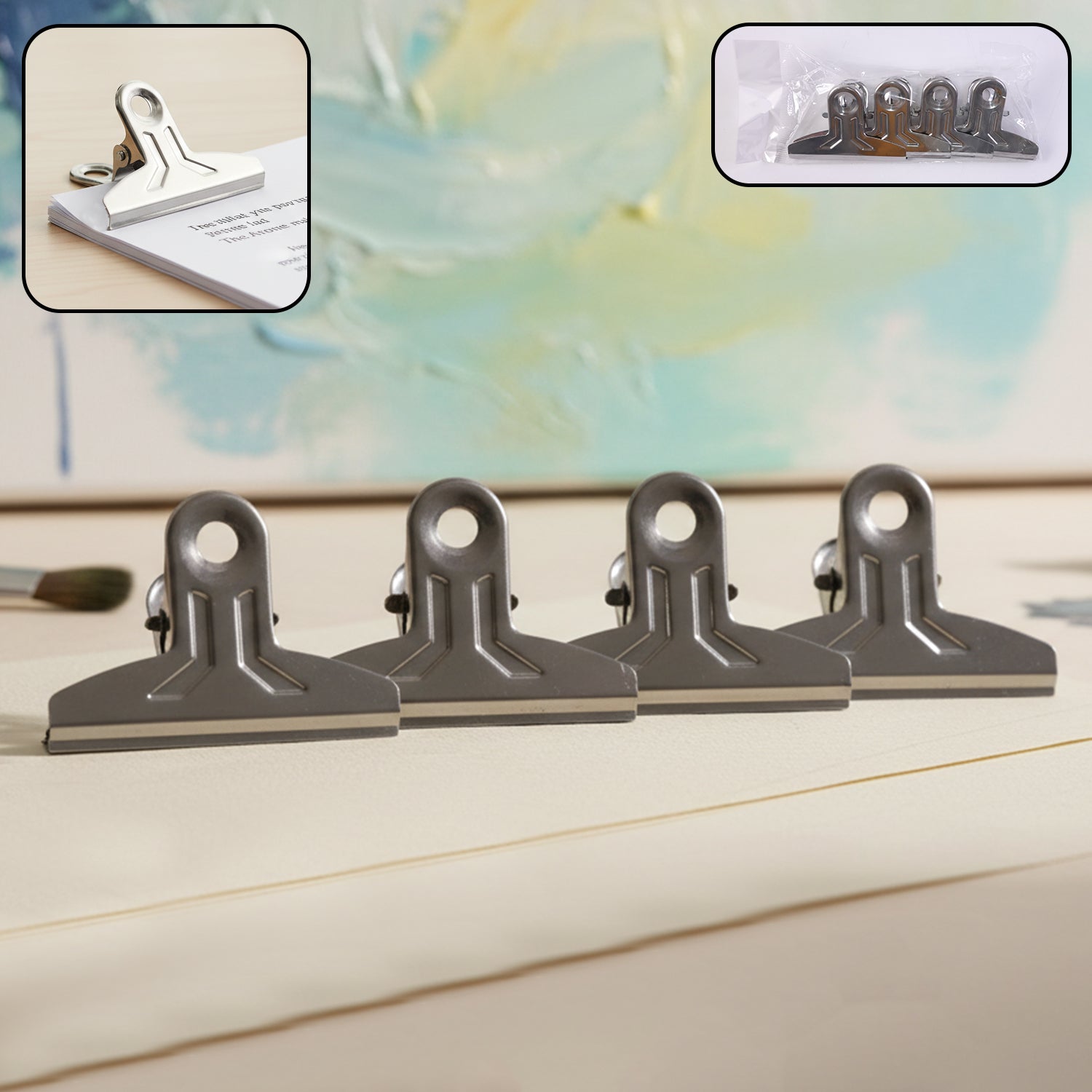 Heavy duty metal paper clamp clips holding documents tightly