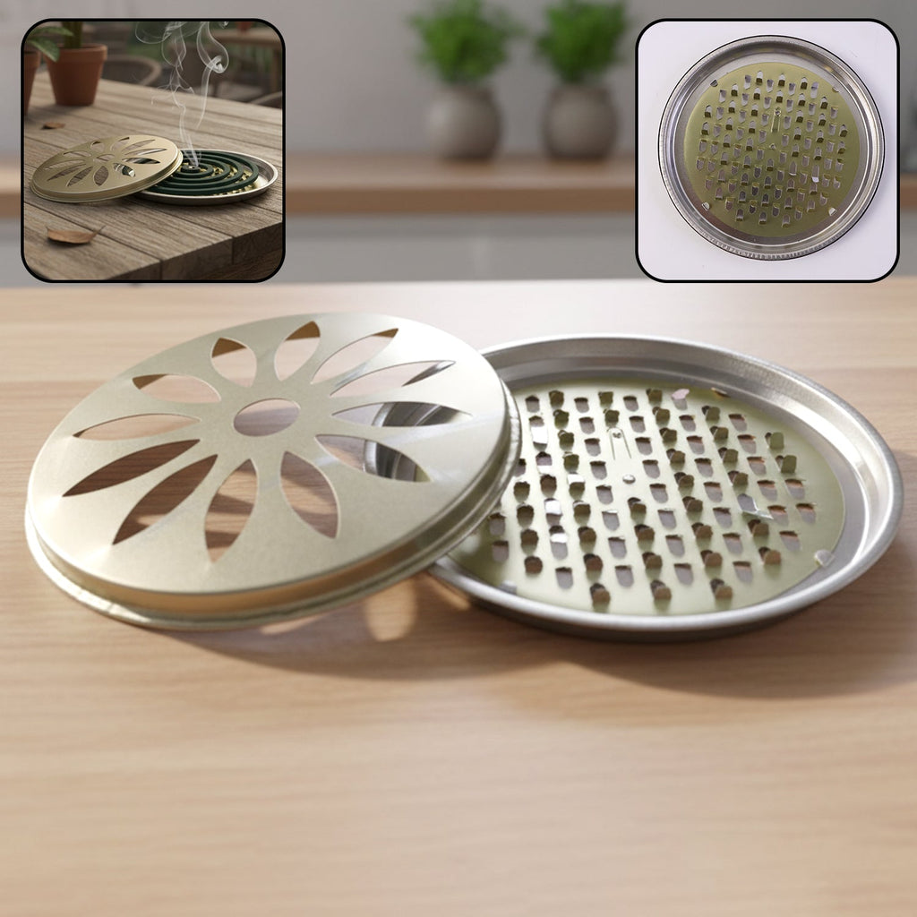 Durable metal mosquito coil stand with protective cover for safe indoor use