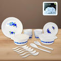 36-piece plastic dinner set showcasing vibrant blue floral pattern
