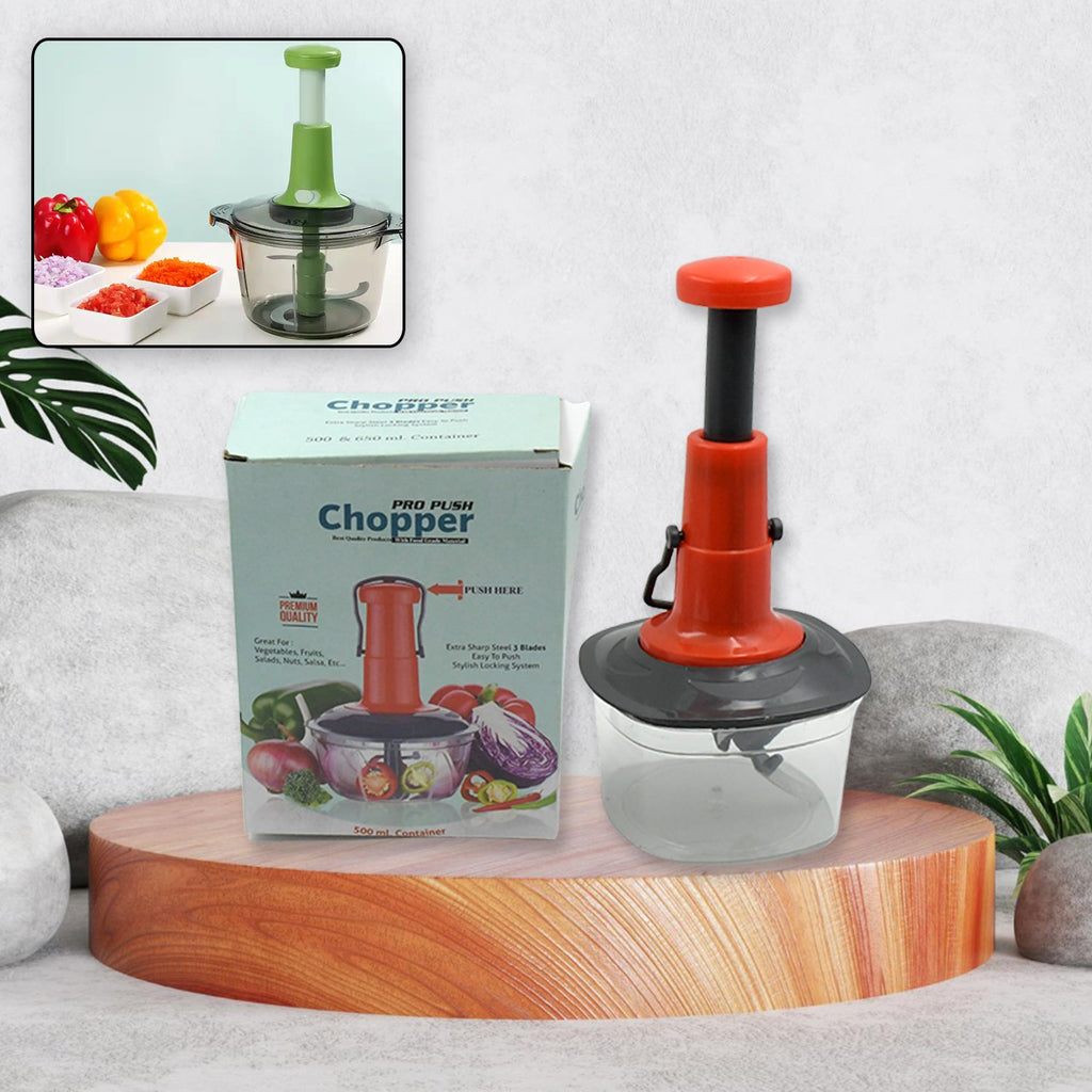 Top view of the Quickslice manual food chopper, highlighting its 3 stainless steel blades.