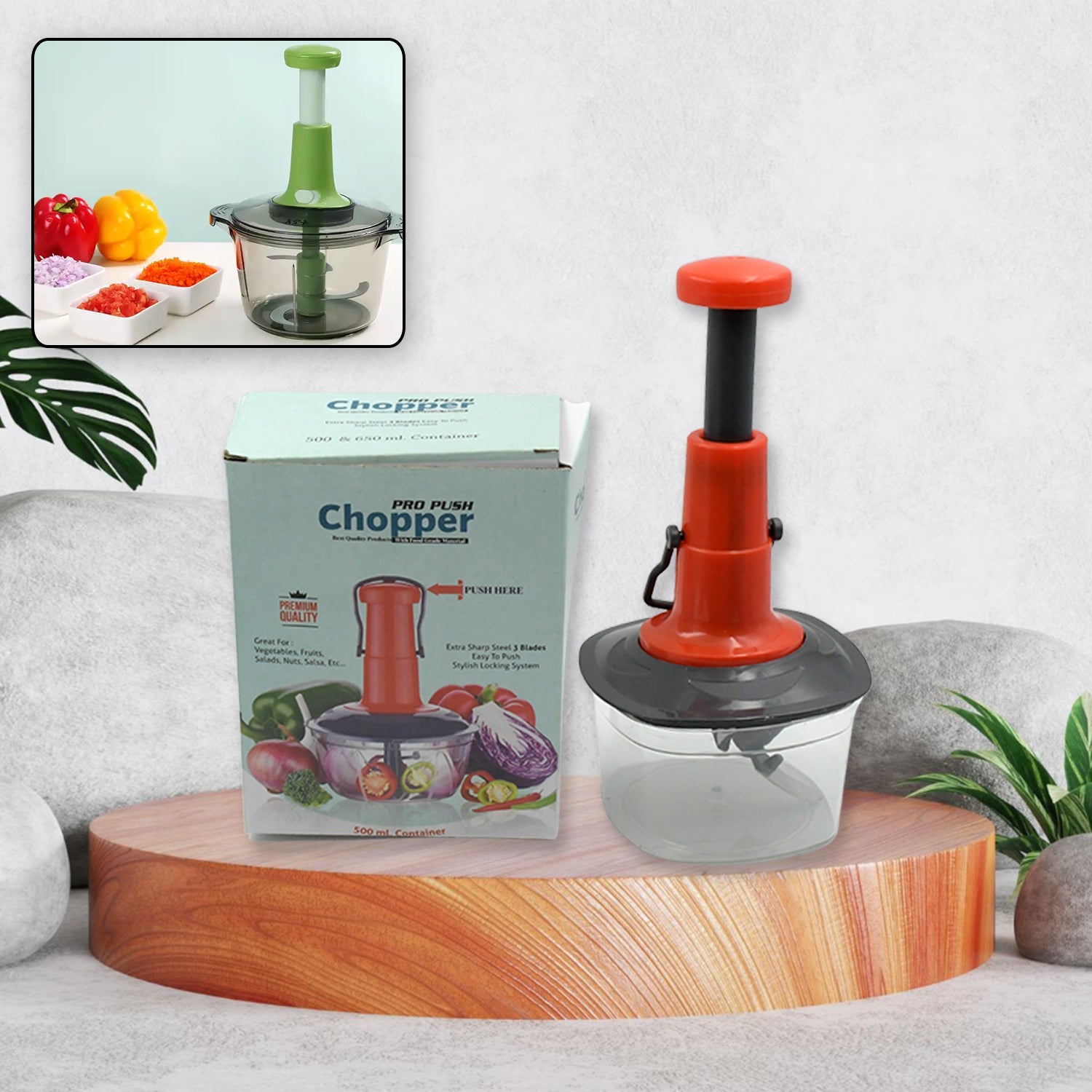 Top view of the Quickslice manual food chopper, highlighting its 3 stainless steel blades.
